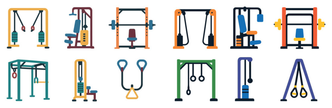 Fitness icons with pulley bar bench flat