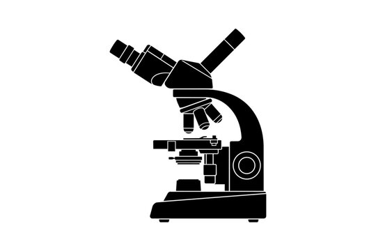 Black and white illustration of a compound microscope with dual eyepieces isolated on transparent background, Vector