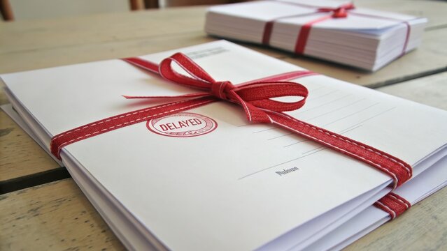 Stacked Document Bundles with Red Ribbon and Delayed Stamp on Table
