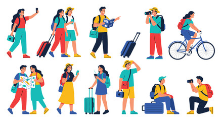 Fototapeta premium A cheerful group of tourists engaged in travel activities, carrying luggage, using maps, taking photos, and cycling. A fun collection for vacation themes.