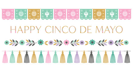 Obraz premium Cinco de mayo festive greeting with papel picado banners and floral patterns. Colorful tassels and flowers arrangement on white background. Cultural holiday design with cactus and sun symbols.