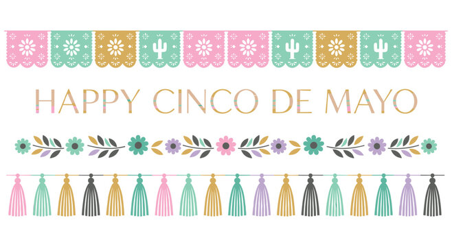 Cinco de mayo festive greeting with papel picado banners and floral patterns. Colorful tassels and flowers arrangement on white background. Cultural holiday design with cactus and sun symbols.