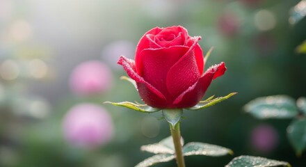 Fototapeta premium Single Red Rosebud with Dew Drops