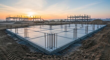 Obraz premium A wide shot of a freshly poured concrete foundation at a construction site during a beautiful orange sunset.
