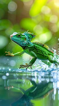 Basilisk lizard dashes across the water, creating splashing ripples, a natural wonder