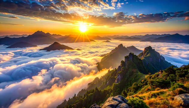 A vibrant sunset casts golden rays over mist-shrouded mountain peaks, creating a majestic panorama from a high vantage point