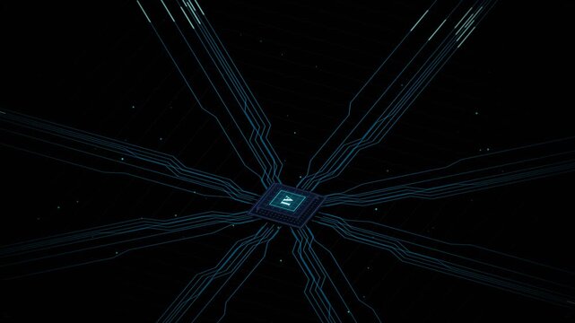 Concept: Advanced AI Processor Unit Initializes and Transmits Glowing Cyan Data Pulses through a Complex Circuitry Grid for High-Speed Neural Computing.