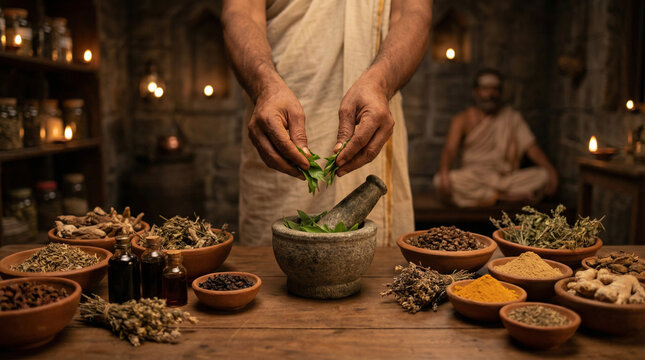 Ayurvedic practitioner preparing herbal remedy with fresh leaves in mortar, surrounded by spices and oils in traditional setting, holistic healing, ancient medicine and wellness concept.
