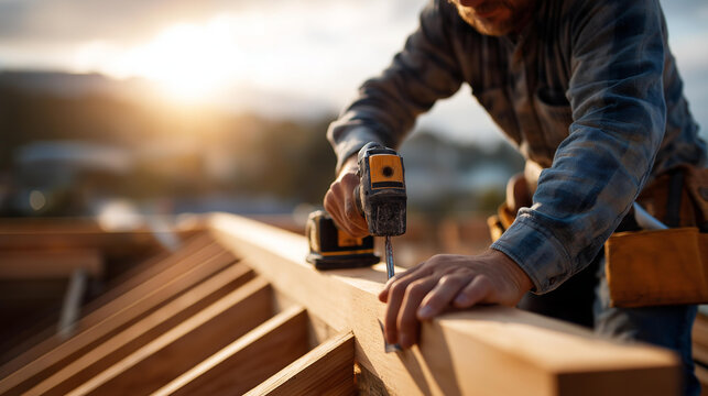 Faceless roofer and carpenter working on timber roof framing at a construction site during daytime with scaffold roofing workers assembling beams and trusses