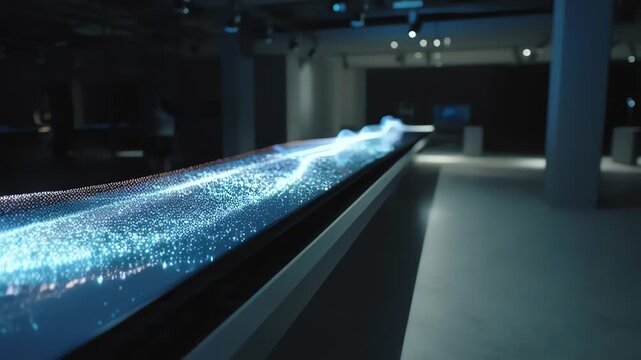 blue glowing digital waves flowing over dark sleek surface futuristic technology display