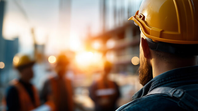 Silhouette of faceless engineer and construction team working on an industrial site with blurred outdoor background conveying anonymous professional collaboration