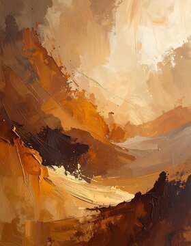 An abstract landscape composition evokes canyons under a warm, diffused light. Bold brushstrokes form rugged mountains and a luminous sky