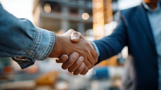 Faceless engineer and businessman handshake at construction site representing contractor professional teamwork and agreement
