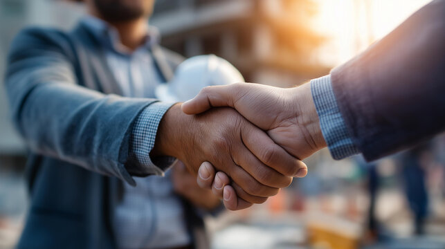 Faceless engineer and businessman handshake at a construction site showing professional contractor agreement and partnership