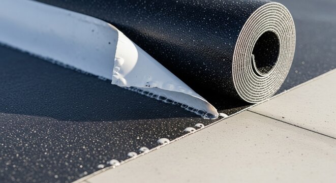 A roll of black bitumen waterproofing membrane being unrolled on a flat roof or floor surface.