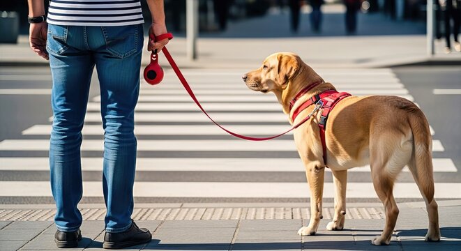 A responsible owner with their beloved golden Labrador waits patiently at a city crosswalk, highlighting companionship and urban pet life