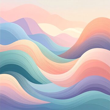 An abstract, layered illustration featuring rolling, wave-like forms in pastel hues of blue, pink, peach, and lavender, evoking a serene landscape