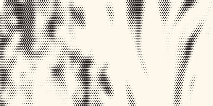 Hexagon halftone gradient texture. Abstract black grunge background. Geometric retro halftone tech overlay. Fading wavy hexagonal pattern backdrop. Vector wallpaper