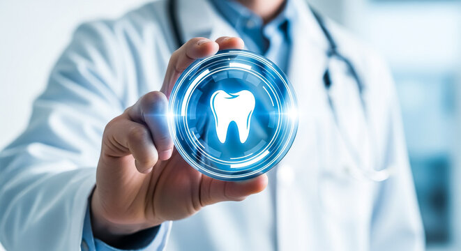 Healthcare professional, possibly a dentist, presents a glowing digital icon featuring a white tooth symbol, symbolizing modern dental care, oral health, and advanced dentistry services with innovativ