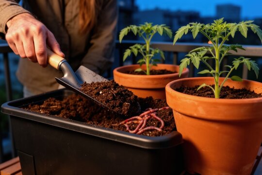 Vermicomposting bins with red wigglers and potted seedlings on urban balcony