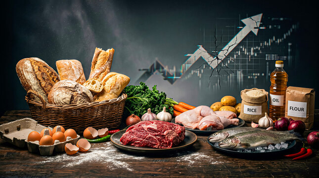 Food Inflation Crisis Concept with Staple Groceries and Rising Price Graph.A cracked upward arrow graph in the background symbolizes rising prices, financial instability, and increasing cost of living