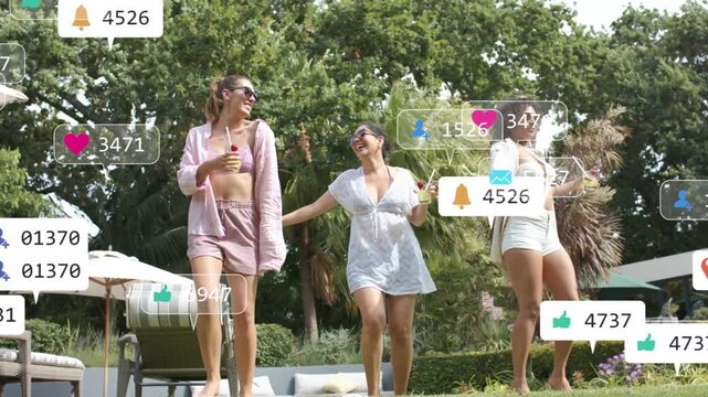Three women socializing and dancing on pool lawn, left woman's hop initiating floating social icons