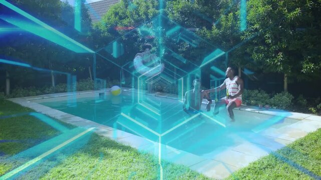 Group sitting ledge one floating, leg kicking ring, overlay sweeping obscuring people, marketing