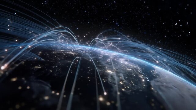 Global digital network connecting illuminated cities across Earth, symbolizing data transfer, technology, and worldwide communication.