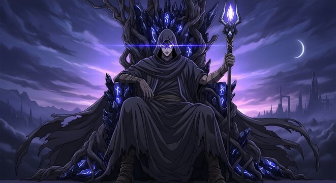 A powerful, enigmatic ruler, cloaked in shadow and radiating mystic energy, sits on an ornate, glowing crystal throne in a desolate fantasy realm, embodying ancient power