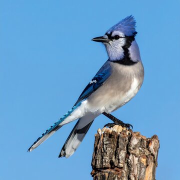 Blue jay perched atop a wooden stump, set against a clear blue sky