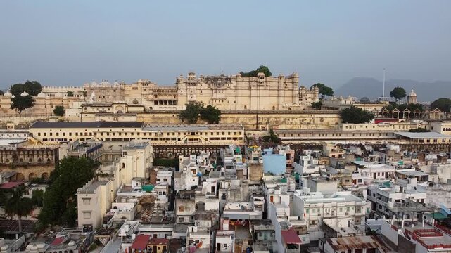 Aerial View of the Historic City Palace Architecture in Rajasthan, India