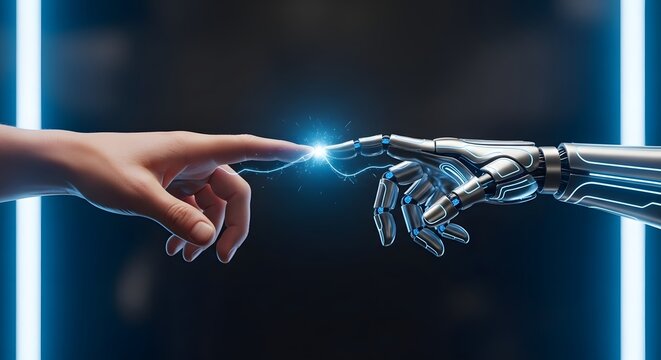 Human hand clasping a futuristic robotic hand in a digital glow