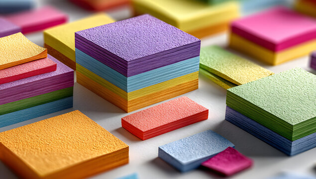 Colorful sticky notes and paper tabs scattered on a white background.