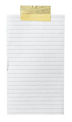 Obraz premium Ruled paper note with yellow adhesive sticky tape with copy space for text, isolated cut out transparent png background design element