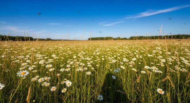 Sunlit Summer Meadow Abloom with Wildflowers Under Blue Sky
