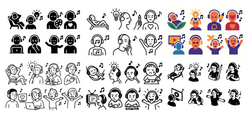 Obraz premium Icons of people listening to and enjoying music