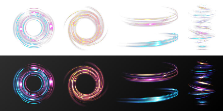 Light Neon Rings Vortex Spiral Set Glowing Circle Trails Swirl Energy Lines Template Collection Futuristic Abstract Design Elements Isolated on Transparent Background.
