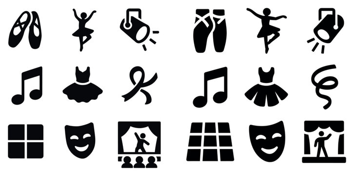 Ballet and theater icons with shoe dancer mask solid