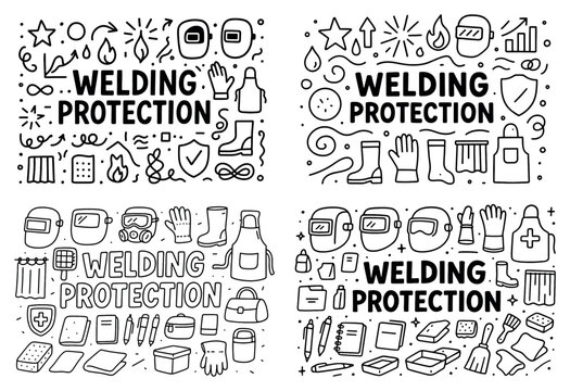 Welding protection icons with helmet glove apron outline