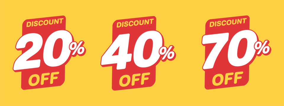 Set of discount label vector illustration, special offer sale banners with percentage off tags 20% 40% 70% discount sticker design elements for retail promotion