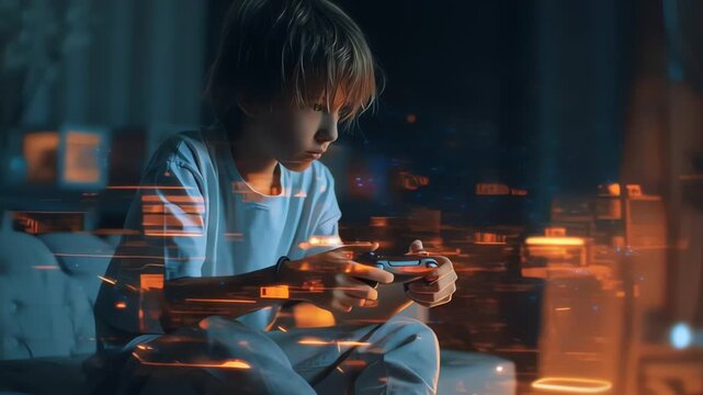 young boy playing video games with controller at night blue and orange lighting screen glow