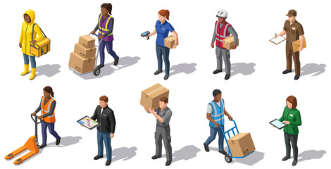 Delivery service workers team collection   professional logistics staff members set   shipping crew in varied work uniforms   isometric vector style © Stocklume