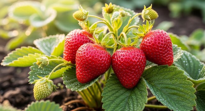 Cluster of Ripe Red Strawberries Growing on Plant