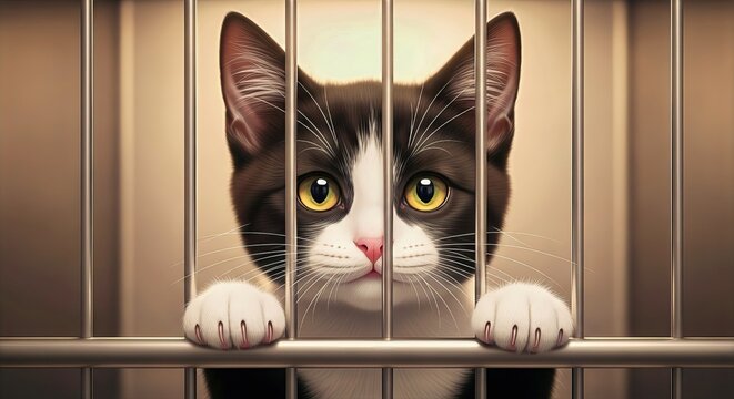 Sad eyes of a lonely rescue cat peer through the bars, hoping for a forever home and a chance at happiness