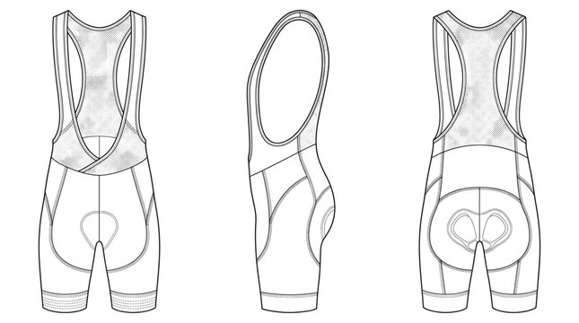 Cycling Bib Shorts Sportswear Technical Drawing, Performance Biking Gear Multi-View Line Art Vector