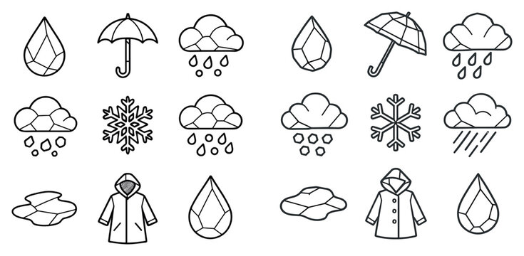 Weather icons with umbrella cloud raindrop outline minimal