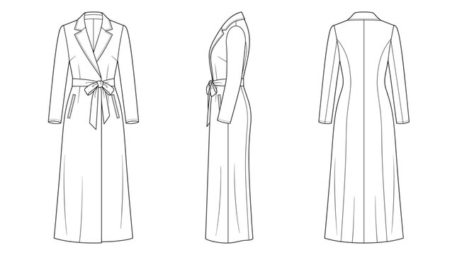 Dressing Gown Fashion Technical Drawing, Luxury Loungewear Spa Robe Multi-View Line Art Vector