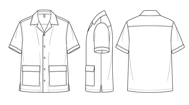 Cuban Collar Shirt Fashion Technical Drawing, Short Sleeve Summer Apparel Multi-View Line Art Vector 
