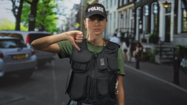 Woman police officer in uniform and tactical vest shows a thumbs down gesture on a street with parked car and row buildings, handcuffs visible on belt; disapproval.