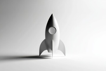 Fototapeta premium Minimalist white rocket ship with a circular window casting a shadow on a clean, bright studio background.